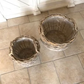Rund rattan kurv med flettet kant - sæt af 3