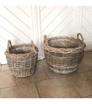 Rund rattan kurv med flettet kant - sæt af 3