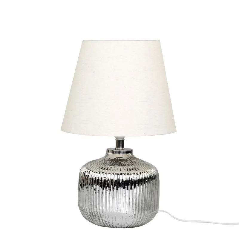 bordlampe i sølv med skærm i hør