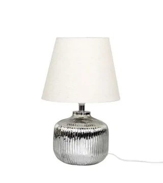bordlampe i sølv med skærm i hør