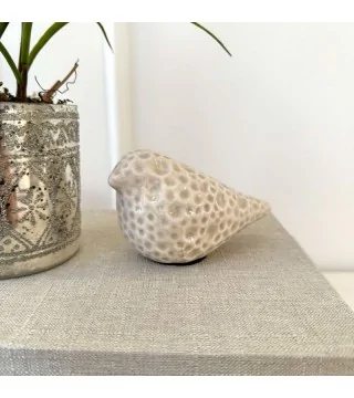Fugl i keramik - beige m. mønster