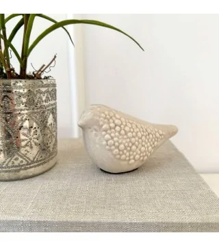 Fugl i keramik - beige m. prikker